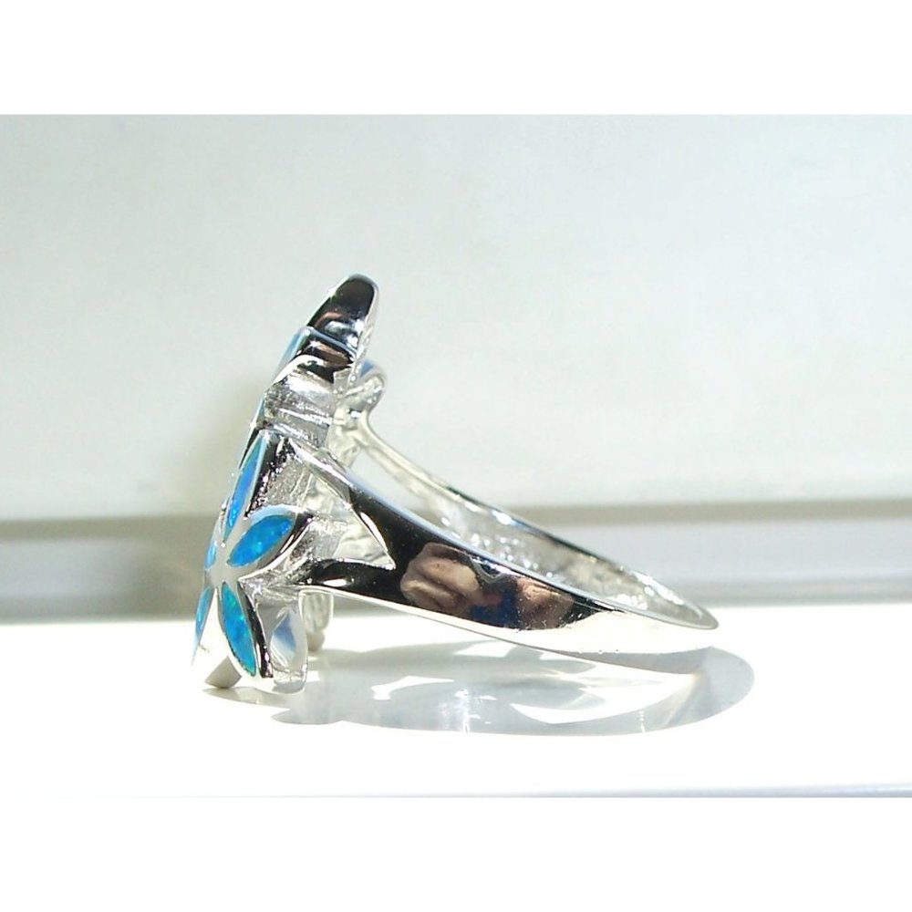 925 STERLING SILVER Lab Created Blue Fire Opal Hawaiian Plumeria Ring - Picture 9 of 16